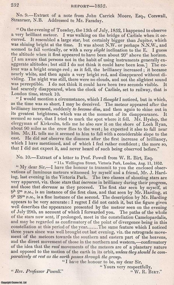 Item #154232 A Catalogue of Luminous Meteors, from 1848 to 1852. A rare original article from the British Association for the Advancement of Science report, 1852. B. A. M. Bulard.