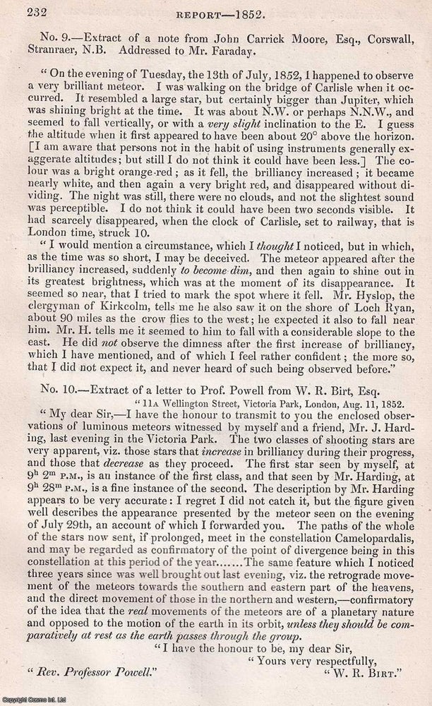 Item #154232 A Catalogue of Luminous Meteors, from 1848 to 1852. 49 pages. An article printed in...