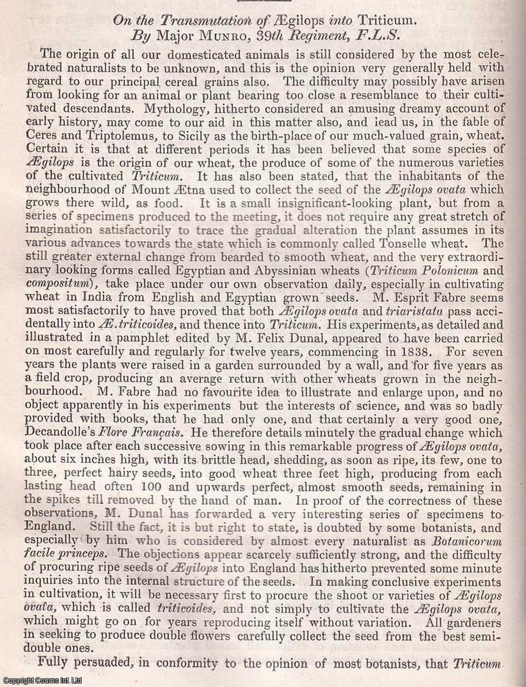 Item #154269 On the Transmutation of Aegilops into Triticum. A rare original article from the British Association for the Advancement of Science report, 1852. F. L. S. Major Munro.