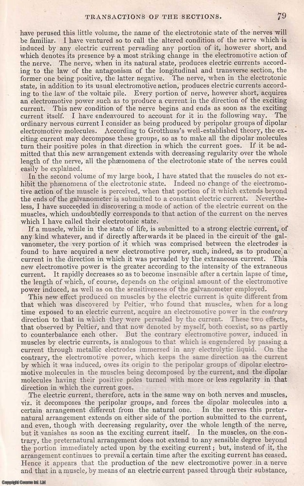 Item #154275 On a New Effect produced on Muscles by the Electric Current. A rare original article from the British Association for the Advancement of Science report, 1852. Dr. E. du Bois-Reymond.