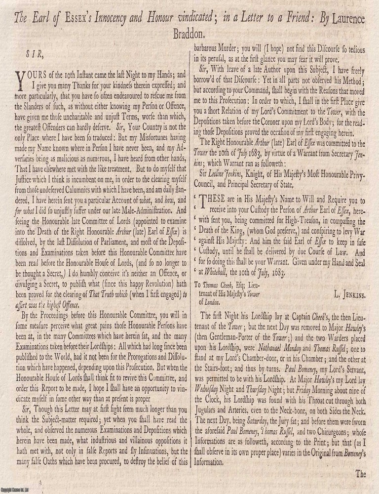 Item #156334 The Earl of Essex Vindicated: Laurence Braddons Defence of His Honour (1683)....