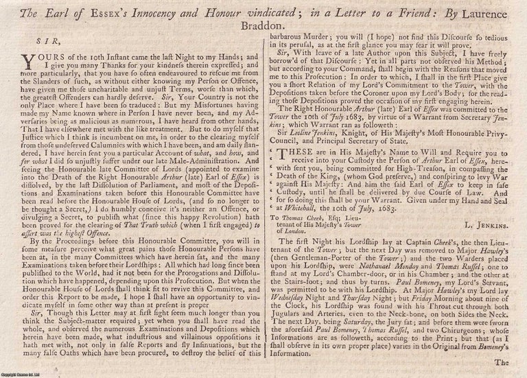 Item #156334 The Earl of Essex Vindicated: Laurence Braddons Defence of His Honour (1683)....