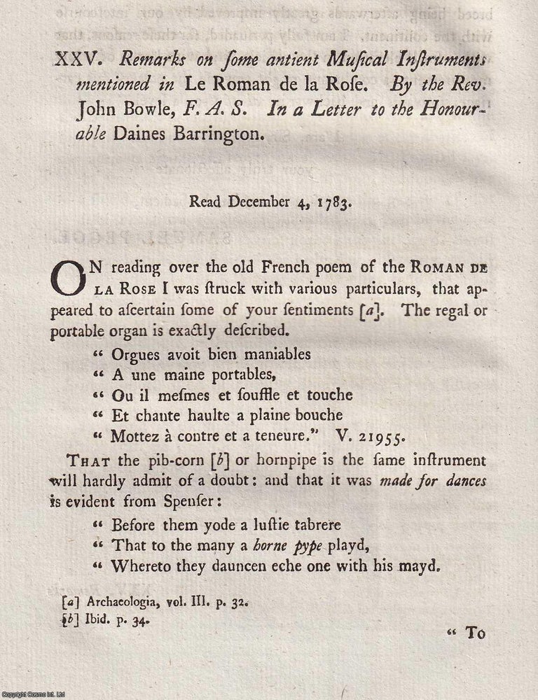 Item #156850 Ancient Musical Instruments mentioned in Le Roman de la Rose. An article printed in...