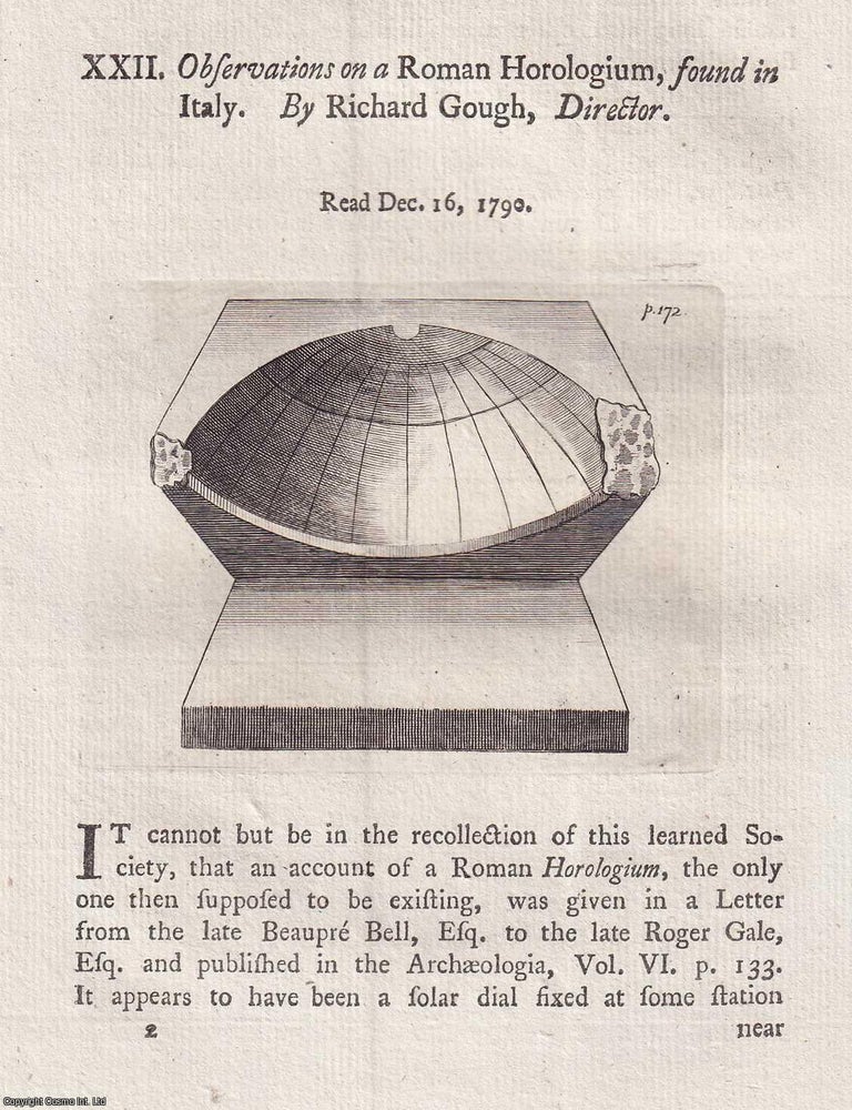 Item #156966 Observations on a Roman Horologium, found in Italy. An article printed in 1792,...