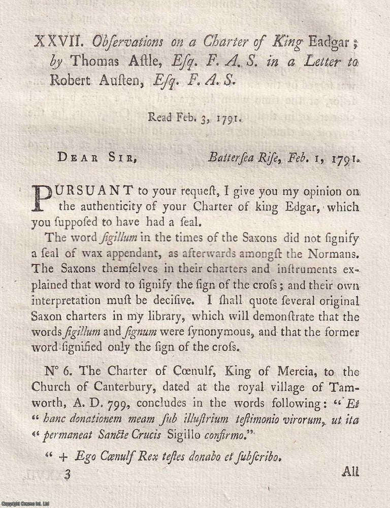 Observations on a Charter of King Edgar. An article printed in 1792 ...