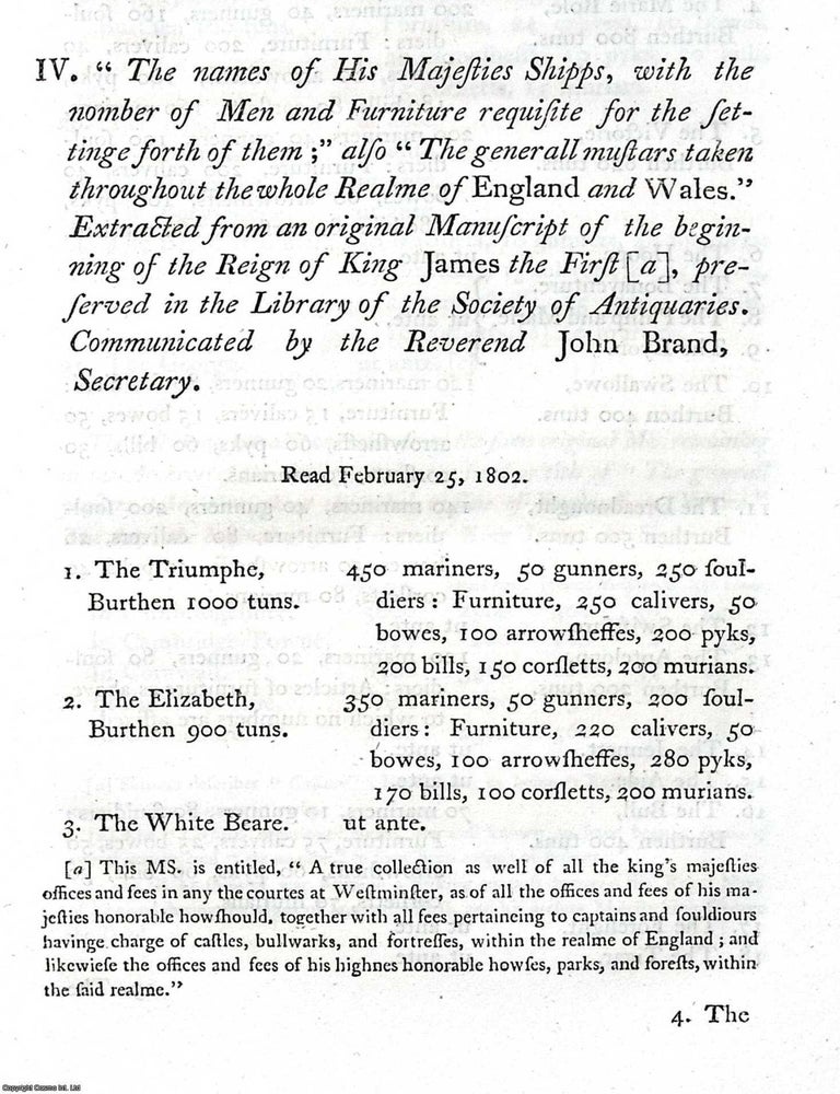 Item #158271 List of the Navy Ships of King James I : The names of His Majesties Ships, with the...