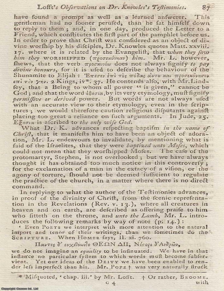Item #160509 Observations on the first Part of Dr. Knowle's Testimonies from the Writers of the...