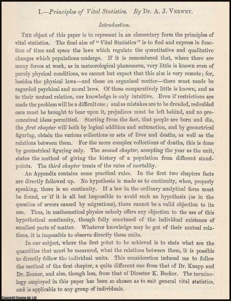 Item #163482 Principles of Vital Statistics. A rare original article from the Journal of the...