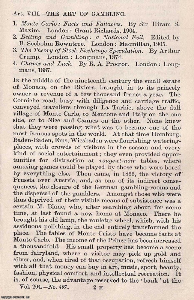 Item #171125 The Art of Gambling. An uncommon original article from The Quarterly Review, 1906. The Quarterly Review.