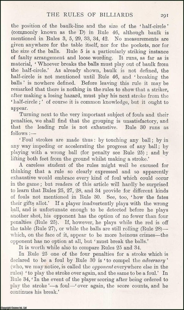 Item #195169 The Rules of Billiards. An uncommon original article from the Badminton Magazine, 1897. A. H. Boyd.