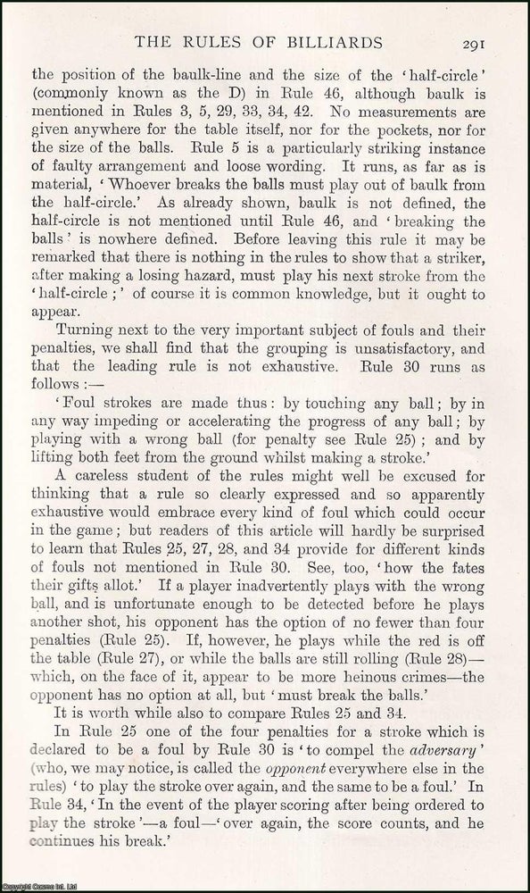 Item #195169 The Rules of Billiards. An uncommon original article from the Badminton Magazine,...