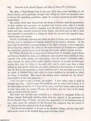 Sword, Dagger, and Ring of King James the Fourth of Scotland, preserved in the College of Arms, London. An article printed in 1849, written by Charles George Young : 6 pages + 2 plates.