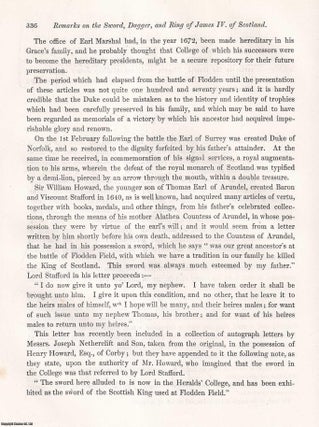 Sword, Dagger, and Ring of King James the Fourth of Scotland, preserved in the College of Arms, London. An article printed in 1849, written by Charles George Young : 6 pages + 2 plates.