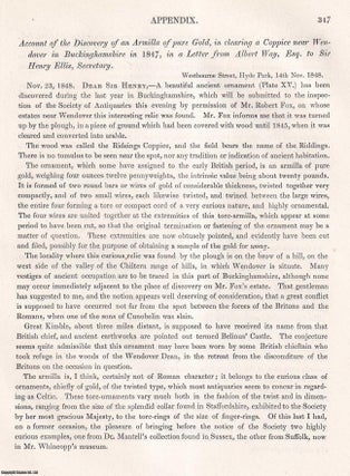 Account of the Discovery of an Armilla of pure Gold, in clearing a Coppice near Wendover in Buckinghamshire in 1847. An uncommon original article from the journal Archaeologia, 1849.