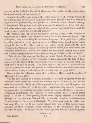 Observations on a Picture in Gloucester Cathedral, and some other Representations, of the Last Judgement. An article printed in 1855, written by G. Scharf : 22 pages + 5 plates + 4 pages in appendix.