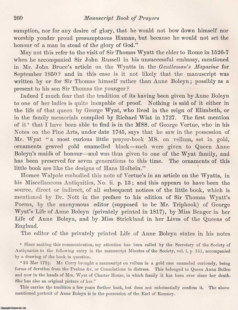 Item #198215 On a Manuscript Book of Prayers in a Binding of Gold Enamelled, said to have been given by Queen Anne Boleyn to a Lady of the Wyatt Family; together with a Transcript of its Contents. An article printed in 1873, written by Robert Marsham : 14 pages with 1 illustration. WITH A. TRANSCRIPT OF ITS TEXTS A GOLD‑ENAMELLED PRAYER BOOK ASSOCIATED WITH ANNE BOLEYN.