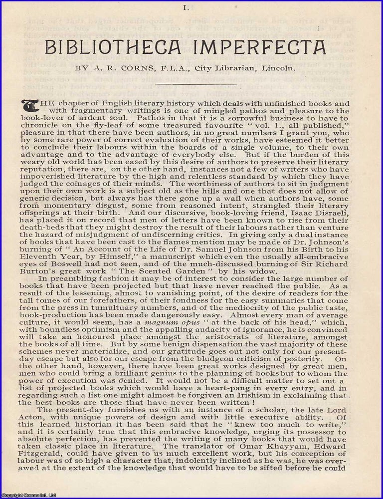 Item #199038 Bibliotheca Imperfecta. 4 pages. An article printed in 1912, written by A.R. Corns....