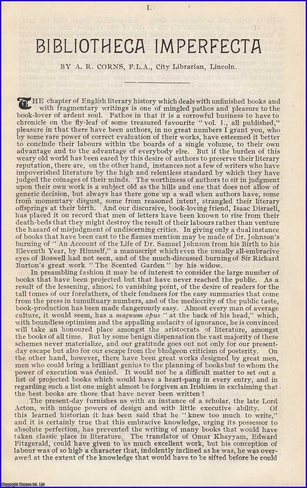 Item #199038 Bibliotheca Imperfecta. 4 pages. An article printed in 1912, written by A.R. Corns....