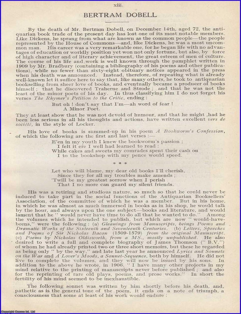 Item #199045 Bertram Dobell. 2 pages, 1 plate. An article printed in 1915, written by Frank...