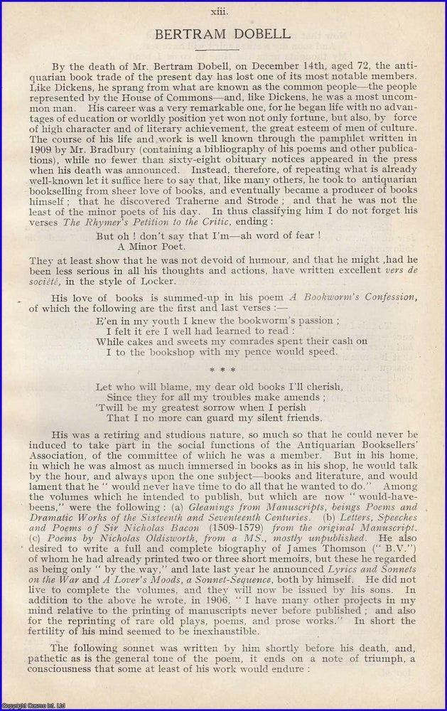 Item #199045 Bertram Dobell. 2 pages, 1 plate. An article printed in 1915, written by Frank...