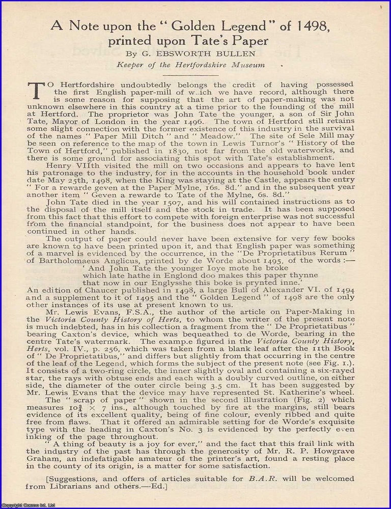 Item #199062 A Note upon the Golden Legend of 1498, printed upon Tate's Paper. 1 page, 1...