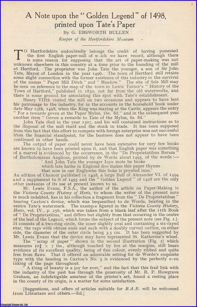 Item #199062 A Note upon the Golden Legend of 1498, printed upon Tate's Paper. 1 page, 1...