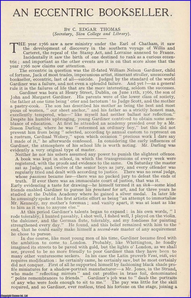 Item #199067 An Eccentric Bookseller. William Nelson Gardiner. 5 pages. An article printed in...