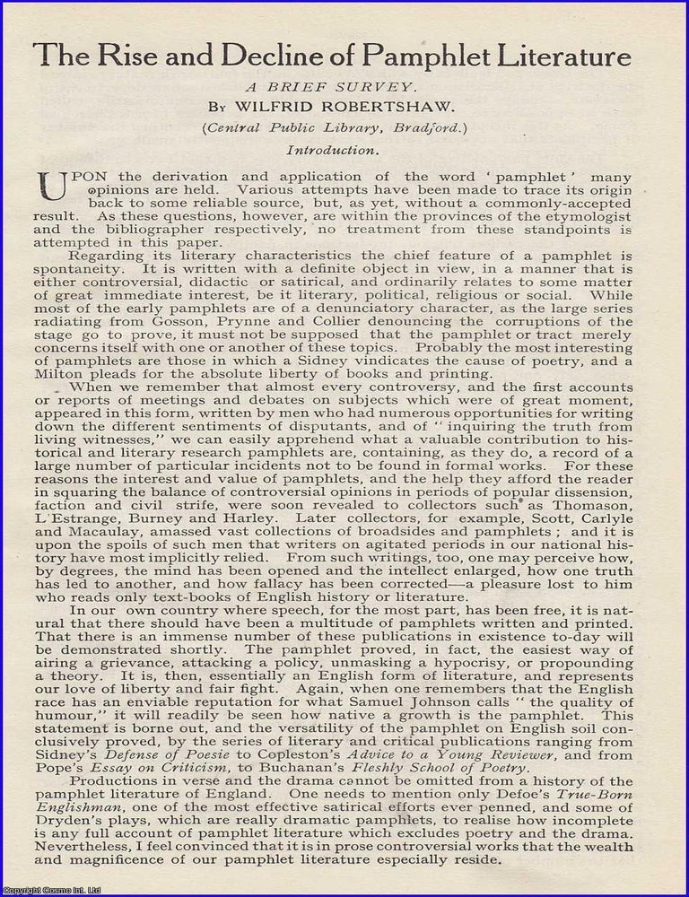 Item #199072 The Rise and Decline of Pamphlet Literature. An original article from Book Auction...