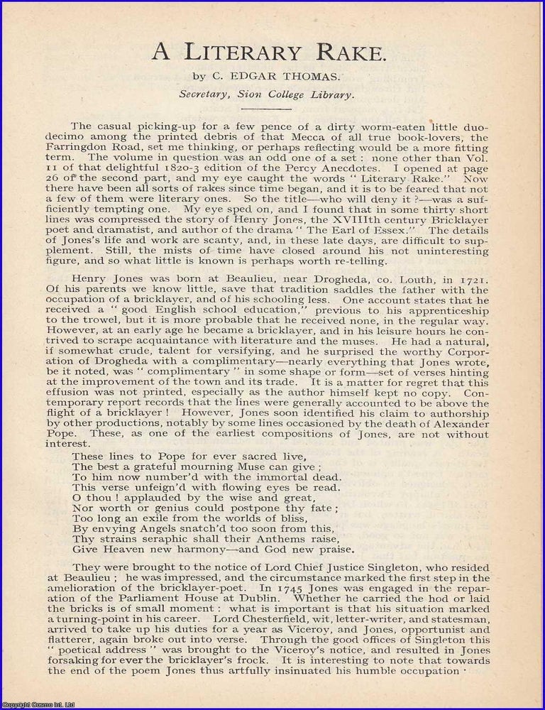Item #199075 A Literary Rake. Henry Jones Dramatist & Poet. 5 pages. An article printed in...