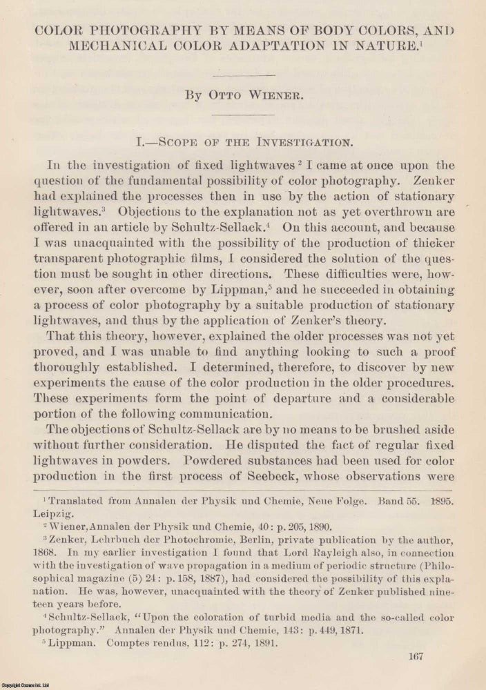 Item #207249 Color Photography by Means of Body Colors, and Mechanical Color Adaptation in Nature. An original article from the Report of the Smithsonian Institution, 1896. Otto Wiener.