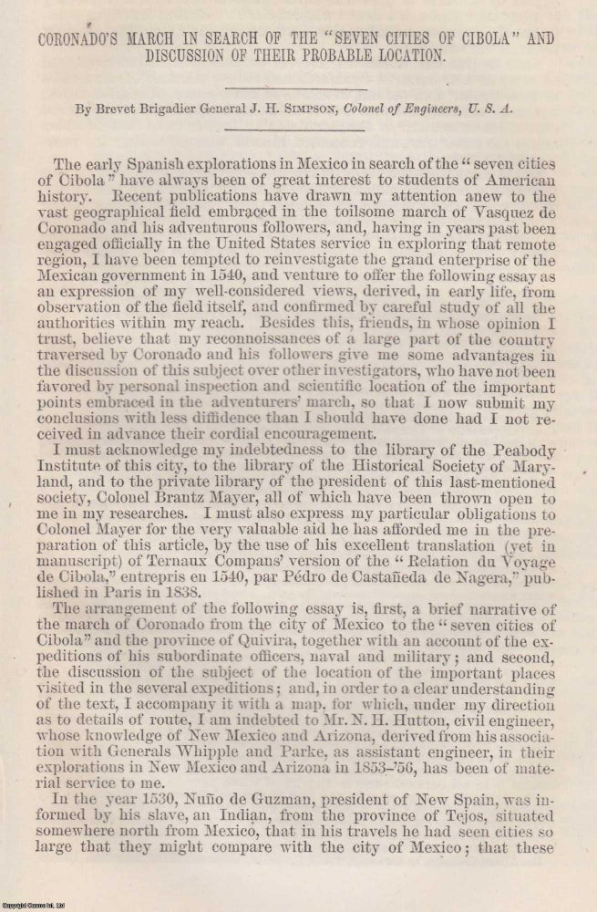 Item #207273 Coronado's March in search of the Seven Cities of Cibola and discussion of their probable location. An original article from the Report of the Smithsonian Institution, 1869. Brevet Brigadier General J. H. Simpson.