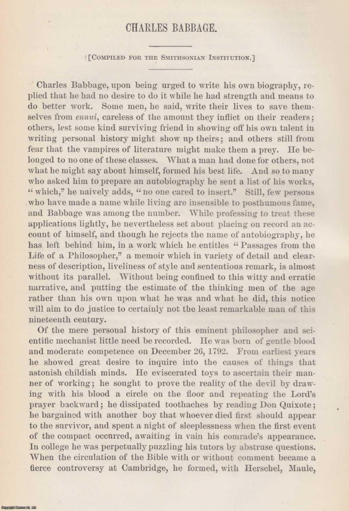 Item #207277 Charles Babbage. An original article from the Report of the Smithsonian Institution, 1873. Smithsonian Institution.
