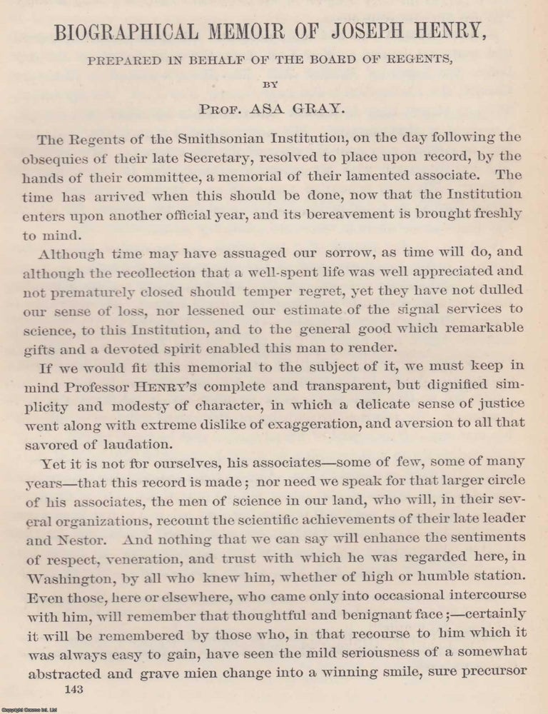 Item #207279 Biographical Memoir of Joseph Henry : with bibliography. Written by Asa Gray. An...