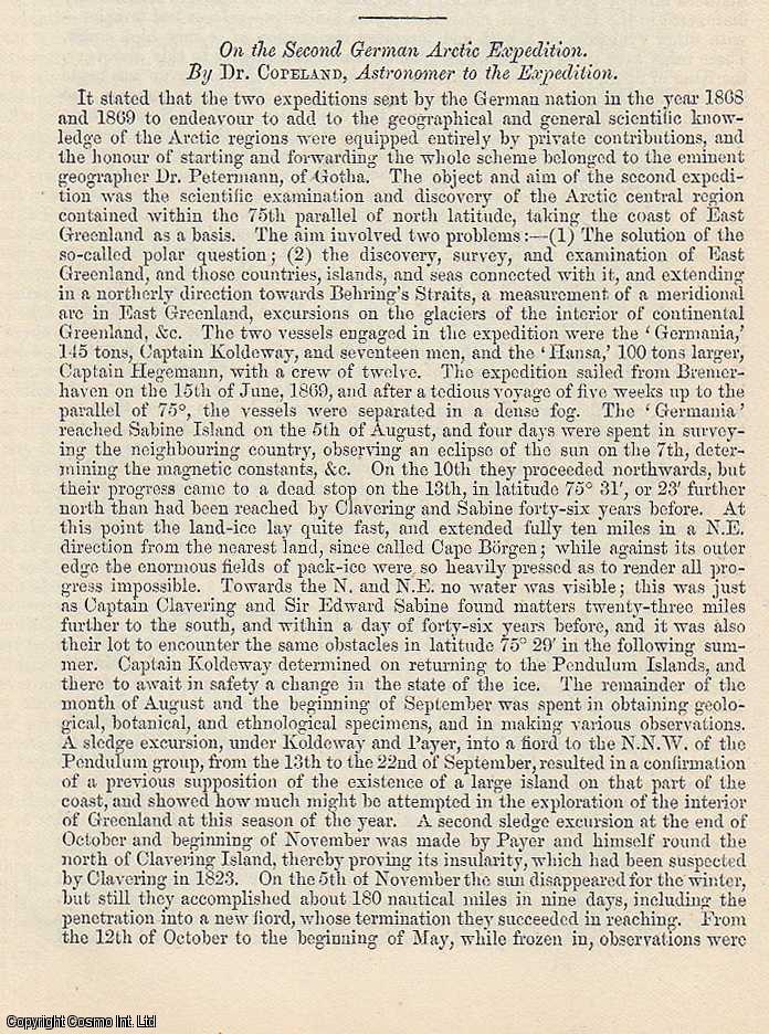 Item #210626 On the Second German Arctic Expedition. A rare original article from the British Association for the Advancement of Science report, 1871. Dr. Copeland.