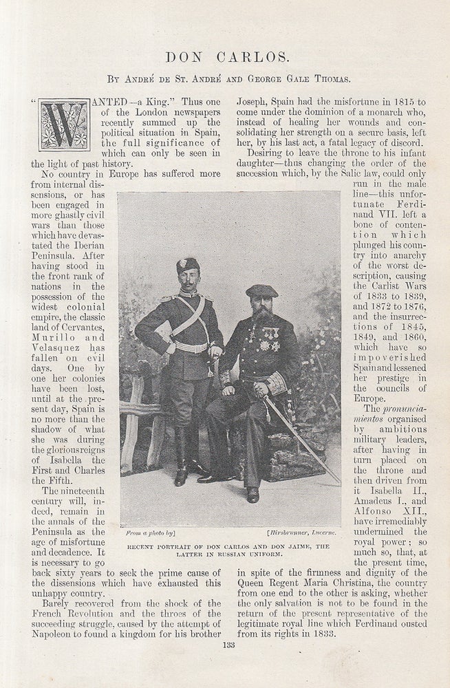 Item #215343 King Don Carlos. An original article from the Windsor Magazine, 1898. Andre de St. Andre, George Gale Thomas.