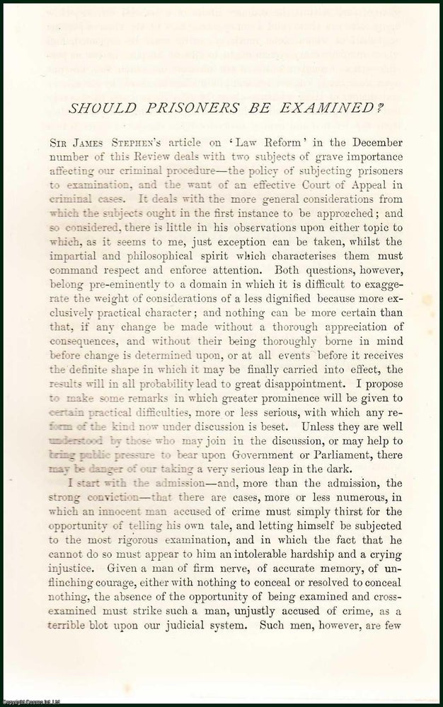 Item #216546 Should Prisoners be Examined? An uncommon original article from the Nineteenth Century Magazine, 1878. Alfred Wills.
