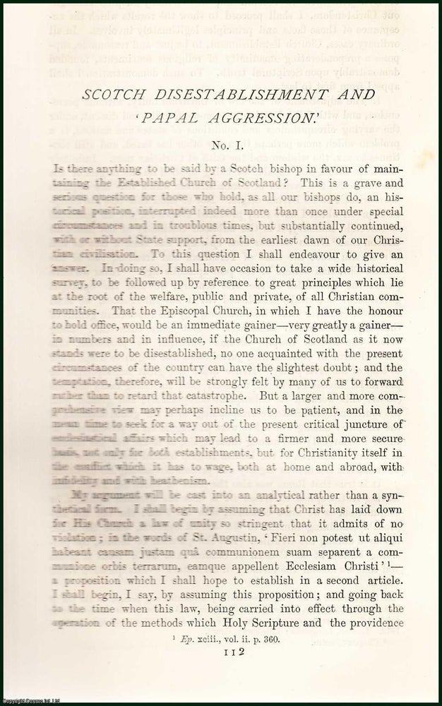 Item #216562 Scotch Disestablishment (part 1) & Papal Aggression. An uncommon original article from the Nineteenth Century Magazine, 1878. Charles Wordsworth.