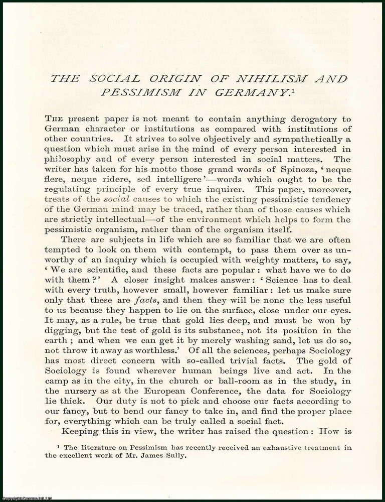 Item #216594 The Social Origin of Nihilism and Pessimism in Germany. An uncommon original article...