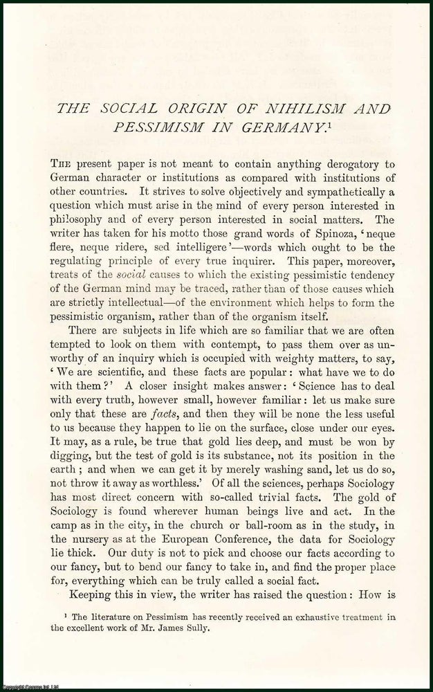 Item #216594 The Social Origin of Nihilism and Pessimism in Germany. An uncommon original article from the Nineteenth Century Magazine, 1878. Charles Waldstein.