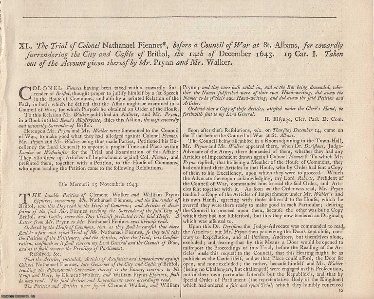 Item #231858 English Civil War : Trial of Col. Nathaniel Fiennes for the Surrender of Bristol...