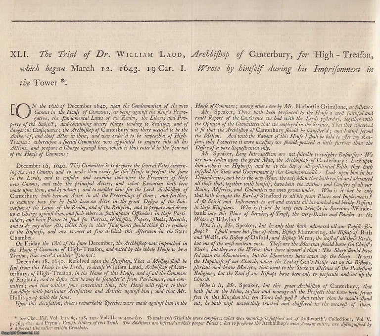 Item #231859 The Trial of Archbishop William Laud for High Treason (1643). Printed in 1776. 1643...