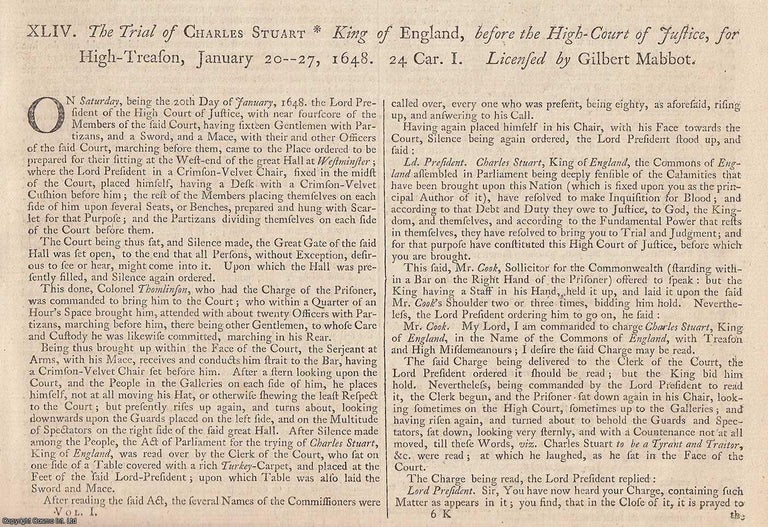 Item #231860 CHARLES I. The Trial of Charles Stuart, King of England; before the High Court of Justice, for High Treason, AD 1649. An original report from the Collected State Trials, 1776. TRIAL.