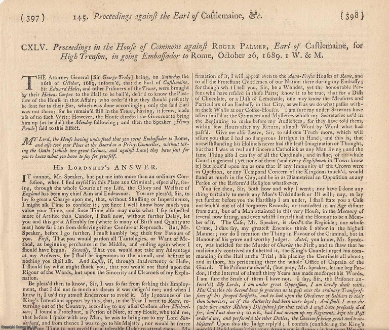 Item #231876 NOTED CATHOLIC WRITER.The Trial of Roger Palmer, esq. Earl of Castlemaine, in the Kingdom of Ireland, at the King's Bench, for High Treason, AD 1680. An original article from the Collected State Trials. TRIAL.