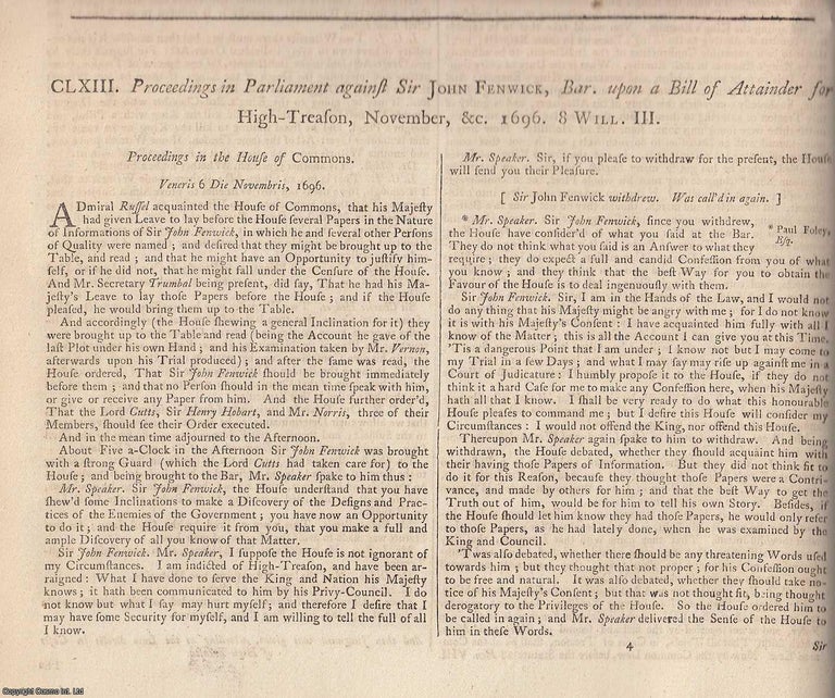 Item #231880 Parliamentary Proceedings against Sir John Fenwick on a Bill of Attainder (1696)....