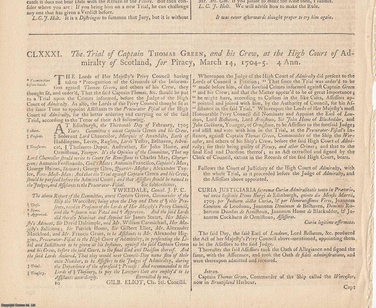 Item #231885 Piracy : The Trial of Captain Thomas Green and His Crew for Piracy, 1704 (High Court...