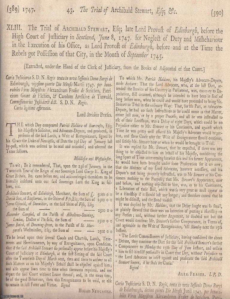 Item #231905 Jacobite Rising of 1745 : Trial of Archibald Stewart, Lord Provost of Edinburgh, for...