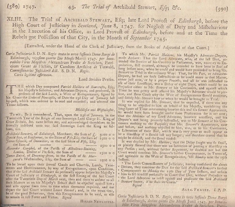 Item #231905 Jacobite Rising of 1745 : Trial of Archibald Stewart, Lord Provost of Edinburgh, for...
