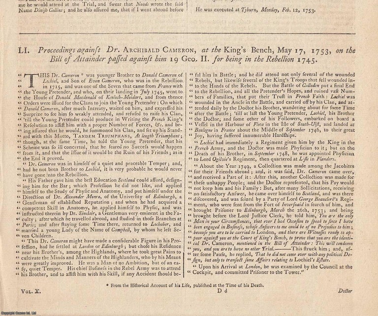Item #231919 The Proceedings against Dr Archibald Cameron under a Bill of Attainder (1753)....