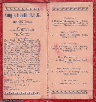 King's Heath Rugby Football Club, Season 1930-31. Fixtures list and membership card.