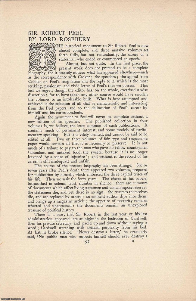 Item #234860 Sir Robert Peel A rare original article from the Anglo Saxon Review, 1899. Lord...